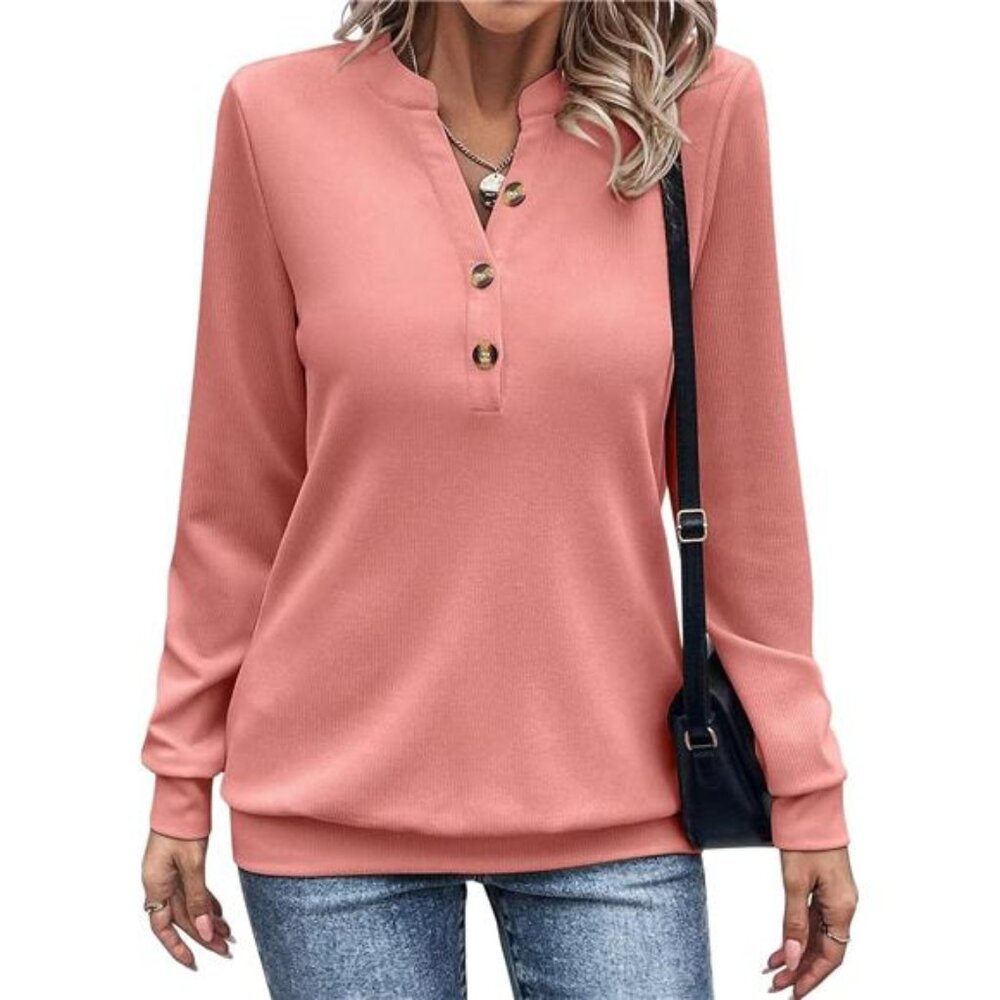 Womens V Neck Sweatshirt Long Sleeve Half Button Pullover Lightweight Casual Top
